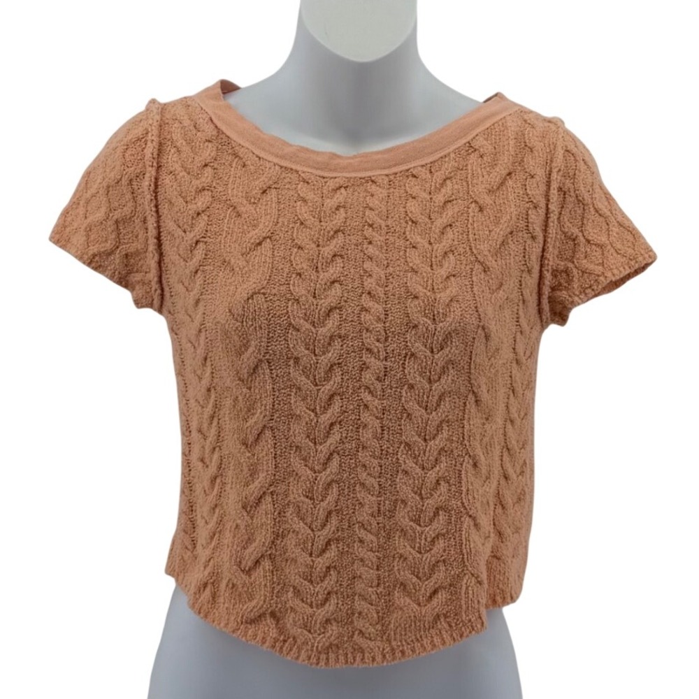 Free People Cotton Blend Cable Knit Top Peach Short Sleeve Sweater Women Size S